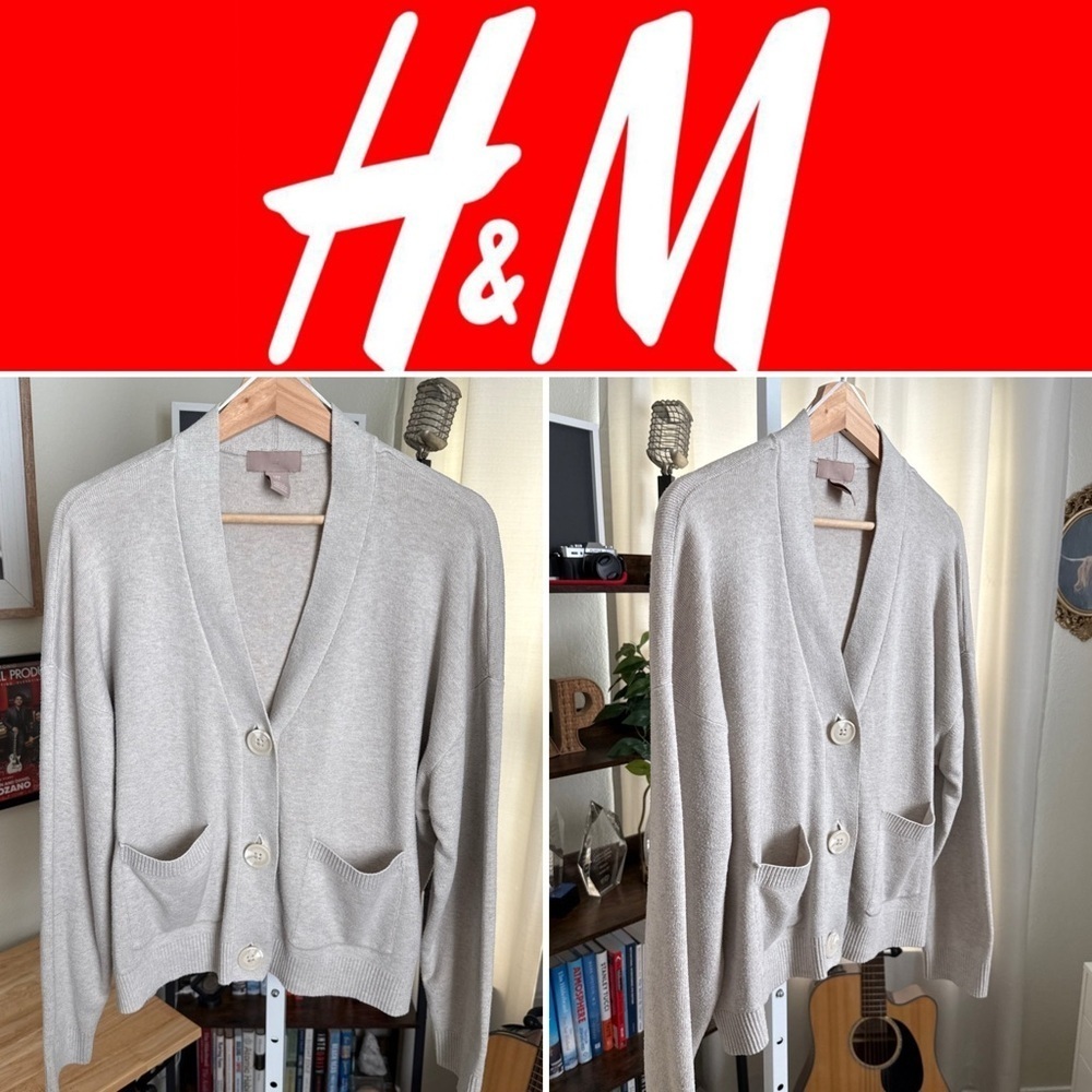 H&M Womens Cardigan Sweater Sz M Beige Big Button Chunky Knit Heavy Deep V Neck